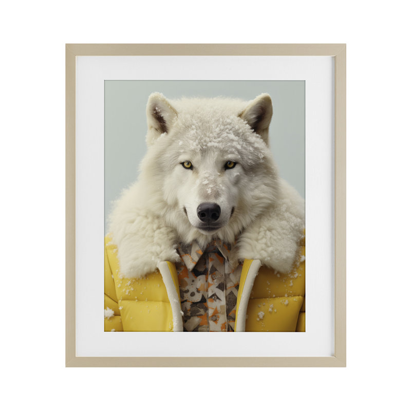 «Snow Wolf Yellow», reproduction sous verre encadrée, design par Ray Powers, Cadre de récolte en pin, H 16 po x l 13 po