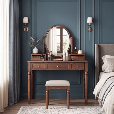 Alden 43.3" W Solid Walnut Makeup Vanity Set with Mirror, Stool & 3 Drawers