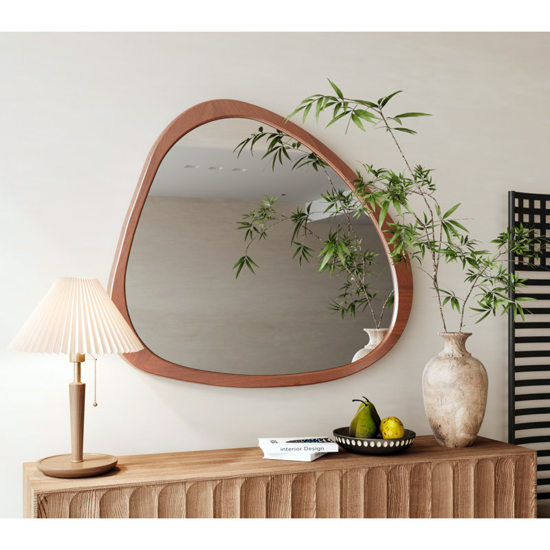 Miroir en bois massif 45 po Miroir mural asymétrique avec cadre en bois et miroir de grande taille, Noyer