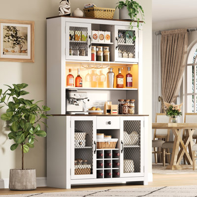 Bar à café de 70,9 po avec rangement intégré, verre à vin et amplement de rangement pour les abris de cuisine, porte-verres à pied, grand espace de travail sur le comptoir