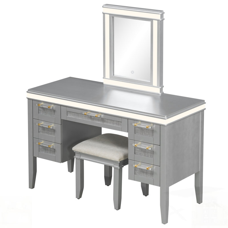 Vanity Desk With Mirror And Lights, Makeup Vanity With 7 Drawers And Cushioned Stool, Classic Finish Dressing Table For Bedroom