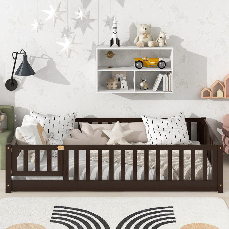 Twin Size Floor Bed with Fence and Door,Rubber Wood Floor Bed with Safety Guardrails,Espresso, Twin, Espresso