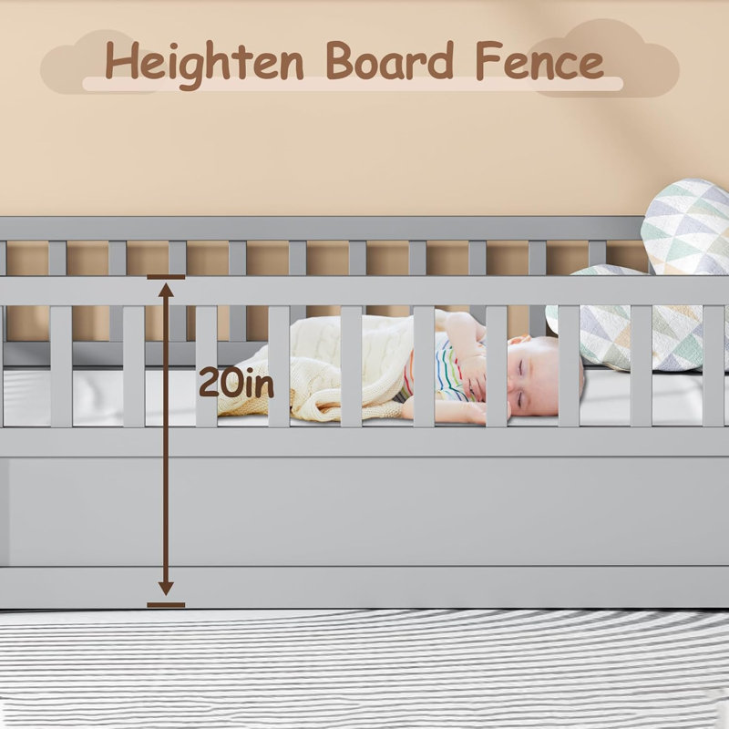House Bed for Kids, Wooden Montessori Bed with Fence and Roof for Toddlers, Kids Floor Bed Frame, Full