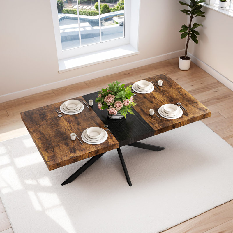Table de salle à manger rectangulaire rétro avec base en fer fin sable noir, H 30 po x L 70,86 po x l 31,5 po, Brun