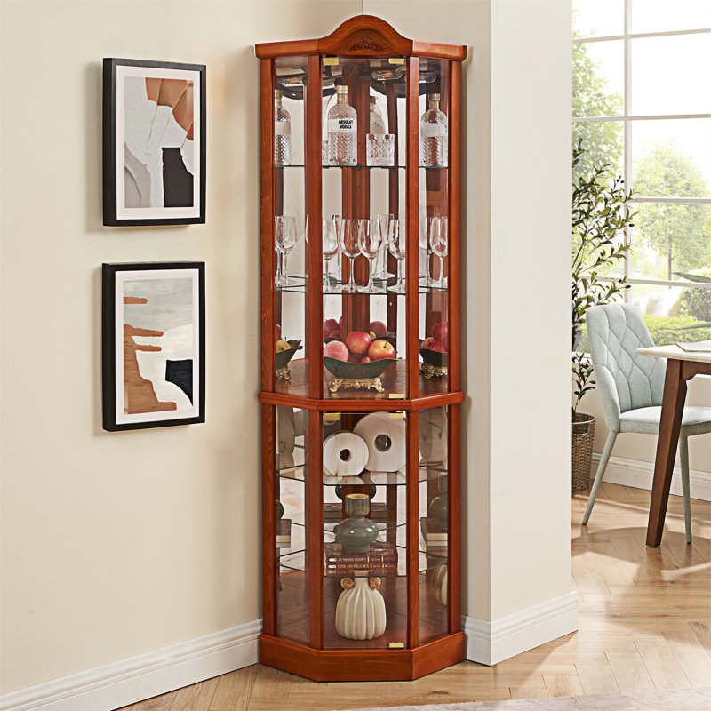 Oak Lighted Glass Corner Display Curio Cabinet