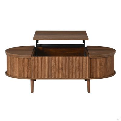 Minimalist Oval Lift-Top Coffee Table with Hidden Storage and Wood Wave Grain Finish