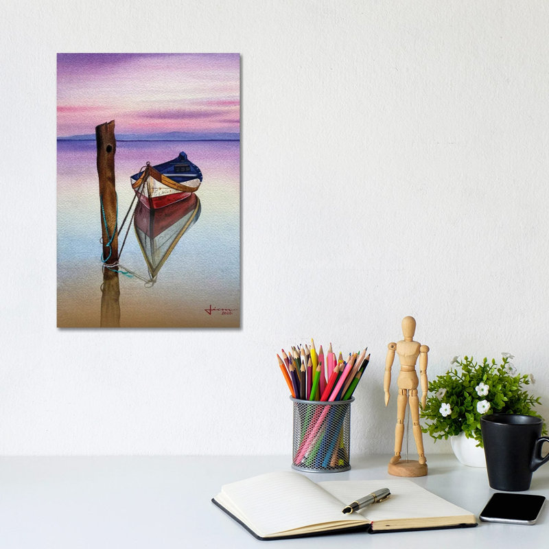 Red Sunset Boat by Liam Kumawat - Wrapped Canvas Painting, 20.32 cm H x 30.48 cm W