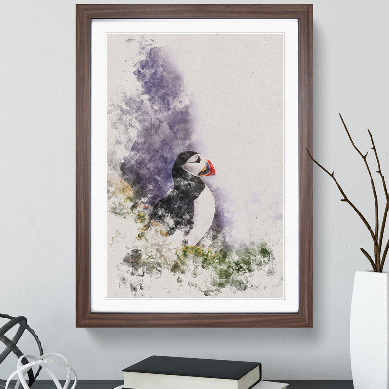 Atlantic Puffin Birds Vol.7 Watercolour - Picture Frame Graphic Art, 48cm H x 36cm W x 2cm D, Walnut