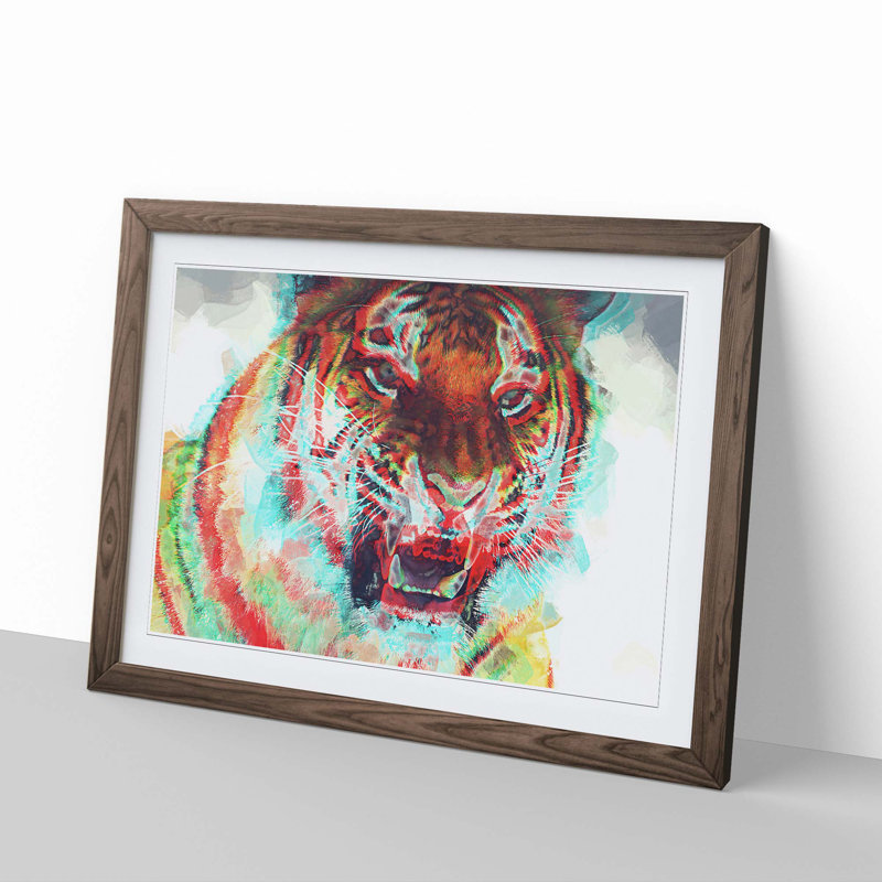 Roaring Tiger in Abstract - Picture Frame Painting Print, 35cm H x 50cm W x 2cm D, Walnut