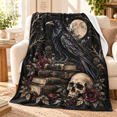 Couverture en flanelle noire à motif de crâne de livre ancien, corbeau, pleine lune et fleurs bordeaux, idéale pour le canapé, le lit, la lecture, les voyages et la décoration, 152 x 203 cm