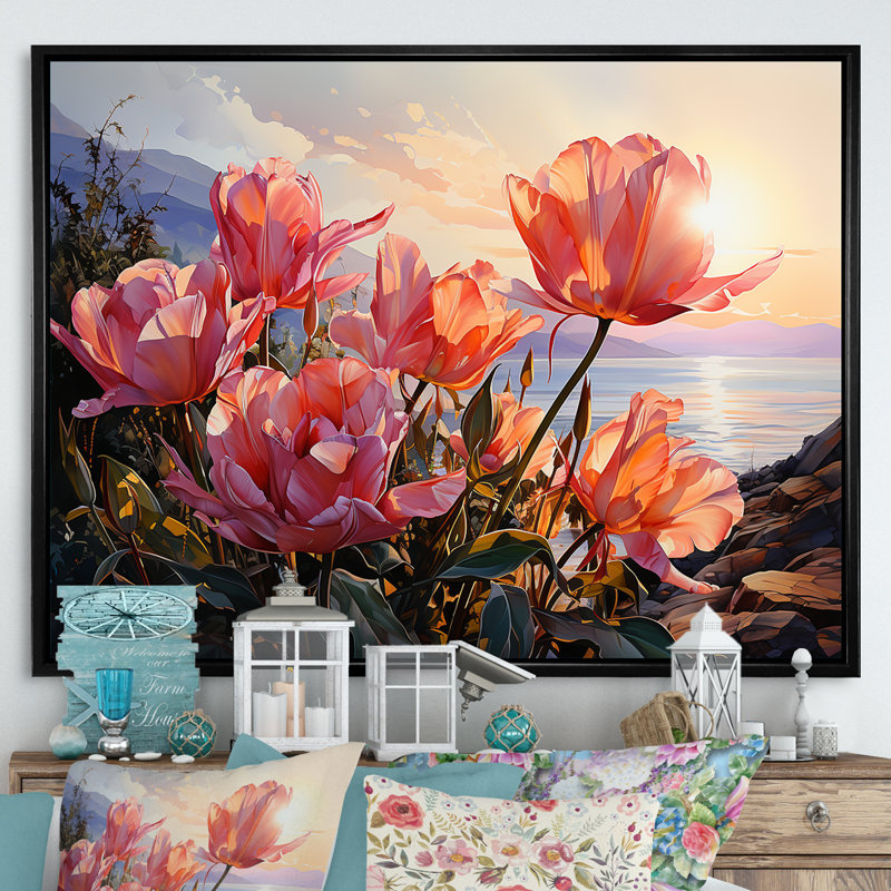 Tulipes au coucher du soleil - Tulipes, art mural, H 34 po x l 44 po x P 1,5 po, Cadre flottant noir