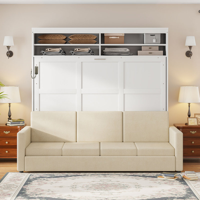 Grand lit escamotable mural avec canapé, blanc, Blanc