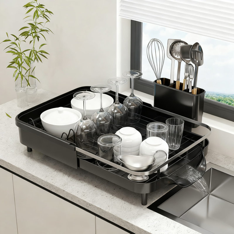 Égouttoir à vaisselle extensible pour comptoir de cuisine avec égouttoir et porte-ustensiles, égouttoir à vaisselle au-dessus de l'évier avec système de drainage efficace, fabrication en acier inoxydable antirouille
