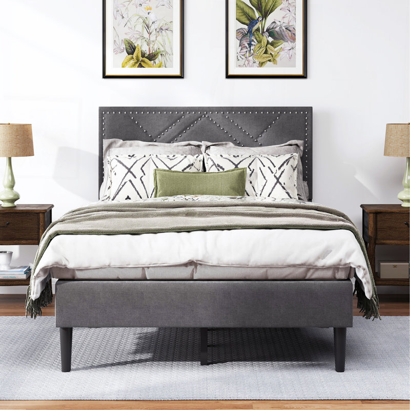 Structure de lit double, tête de lit en lin, solide et stable, sans bruit, rangement sous le lit, sans sommier, poids 396,8 lb (gris carbone)