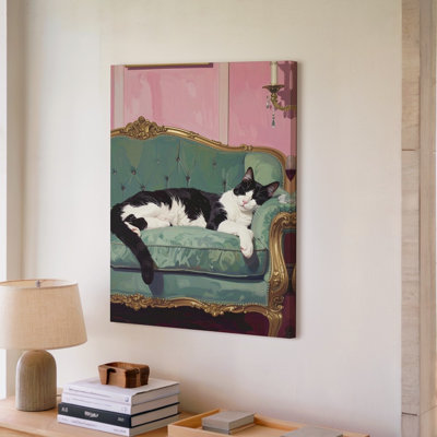 Décoration murale en velours sur toile de chat en forme de félin noir et blanc avec intérieur rétro prêt à accrocher