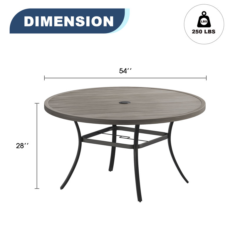Teressa Round Metal Outdoor Dining Table With Umbrella Hole , 53'' in. W 53'' in. D, Brush Wood Gray/Black