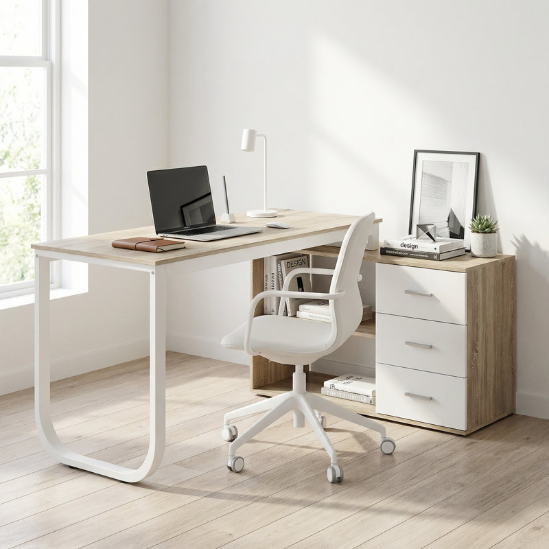 Latwon L-Shaped Writing Desk, Oak/White