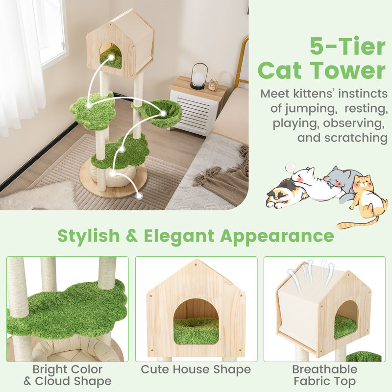 Green and Beige 55'' Tall Wooden Cat Tree with Sisal Posts