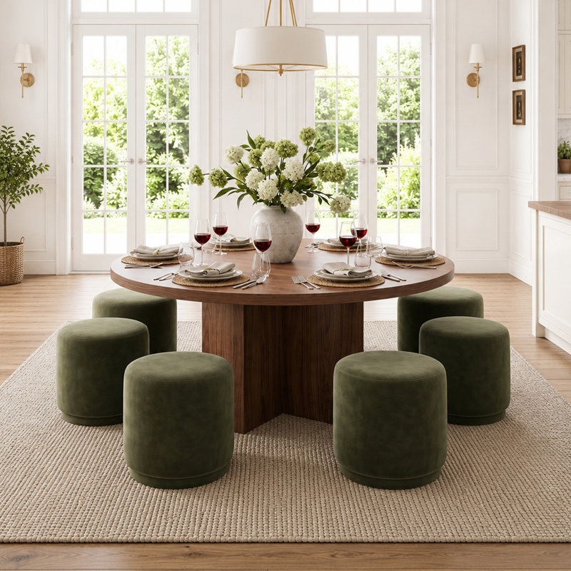 Ensemble de salle à manger 7 pièces rondes, table en noyer de 60 po avec 6 repose-pieds en velours, Noyer, Vert