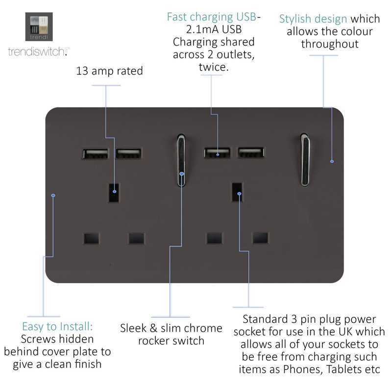 Trendi Switch 2 Gang 4 Port USB 2100mA Plug Socket, Dark Brown