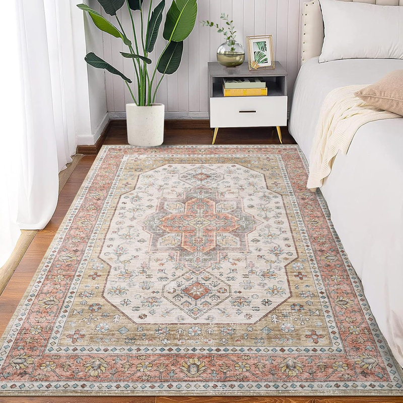 Washable Floral Area Rug – Vintage Boho Carpet, Non-Slip Backing, Low Pile, for Bedroom, Living Room, Dining Room, Office (Beige)