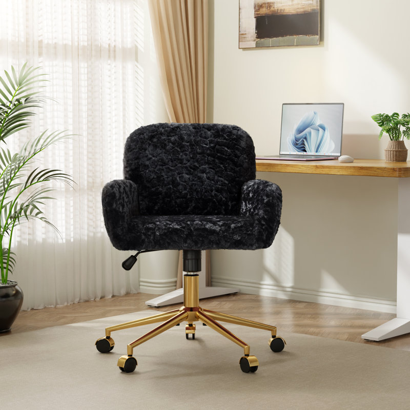 Swivel Adjustable Office Chair With Golden Metal Base, Black