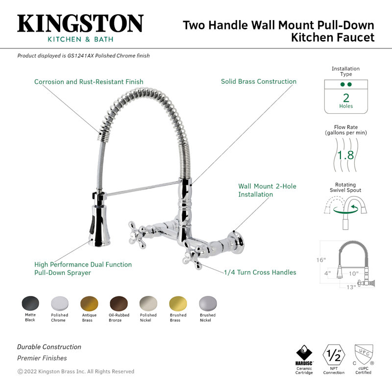 Kingston Brass Heritage Double-Handle 2-Hole Wall-Mount Pre-Rinse Bridge Kitchen Faucet, Brushed Brass