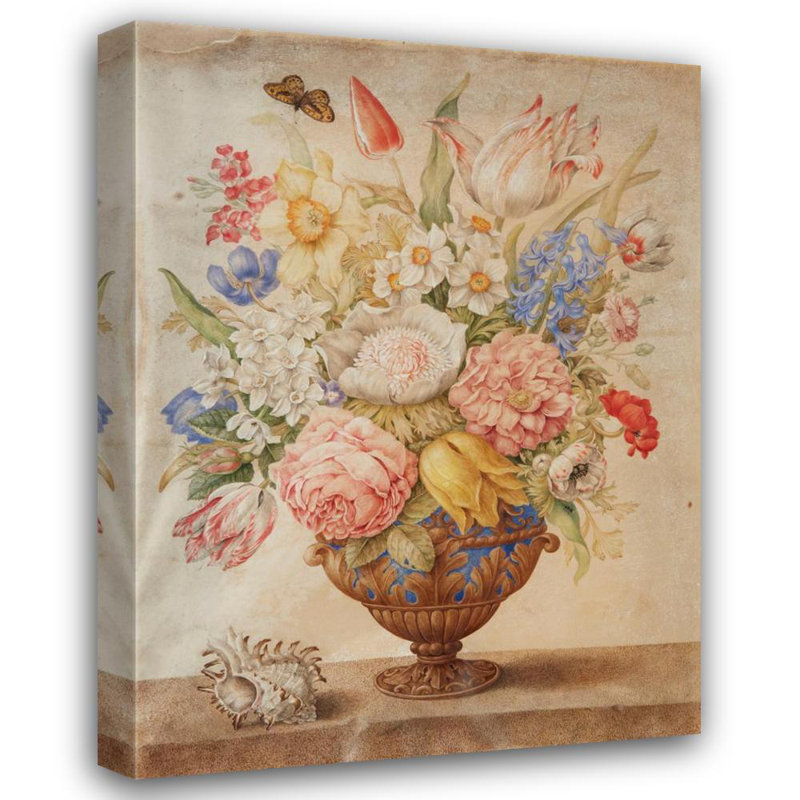 "Flowers in a Lapis-Lazuli Vase on a Marble Top with a Conch Shell and a Monarch Butterfly" by  Giovanna Garzoni - Gallery Wrap Canvas Wall Art