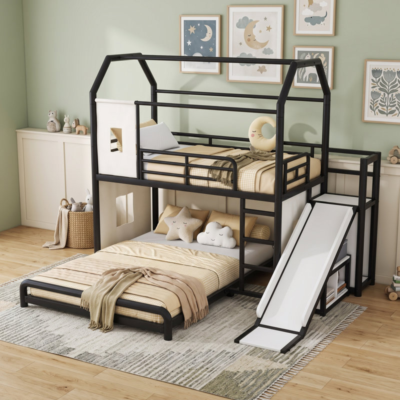 Lit superposé en métal avec glissière, lumière DEL et tablettes, Jumeaux sur complet, Noir