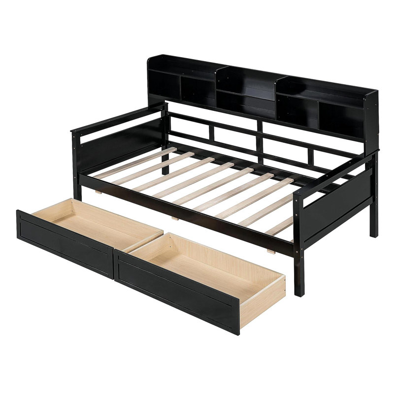 Day bed, wooden bed frame, with bedside table and two drawers, Espresso, Twin