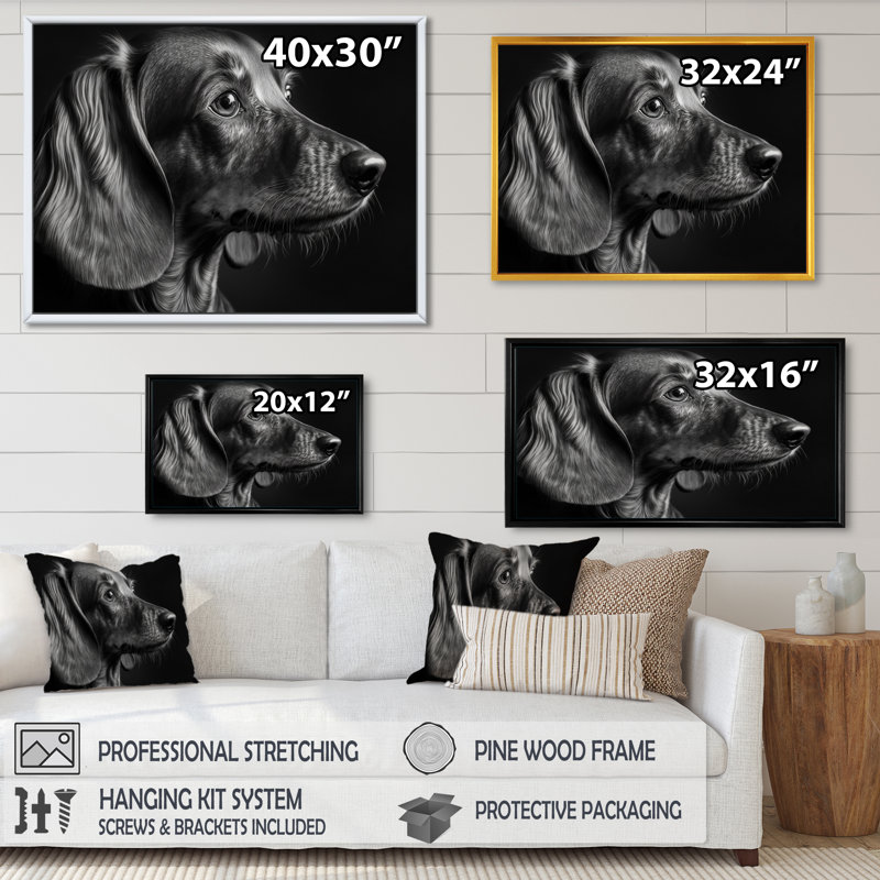 Moti, portrait d'un teckel glam noir - reproduction sur toile, L 20 po x H 12 po, Toile avec cadre flottant noir