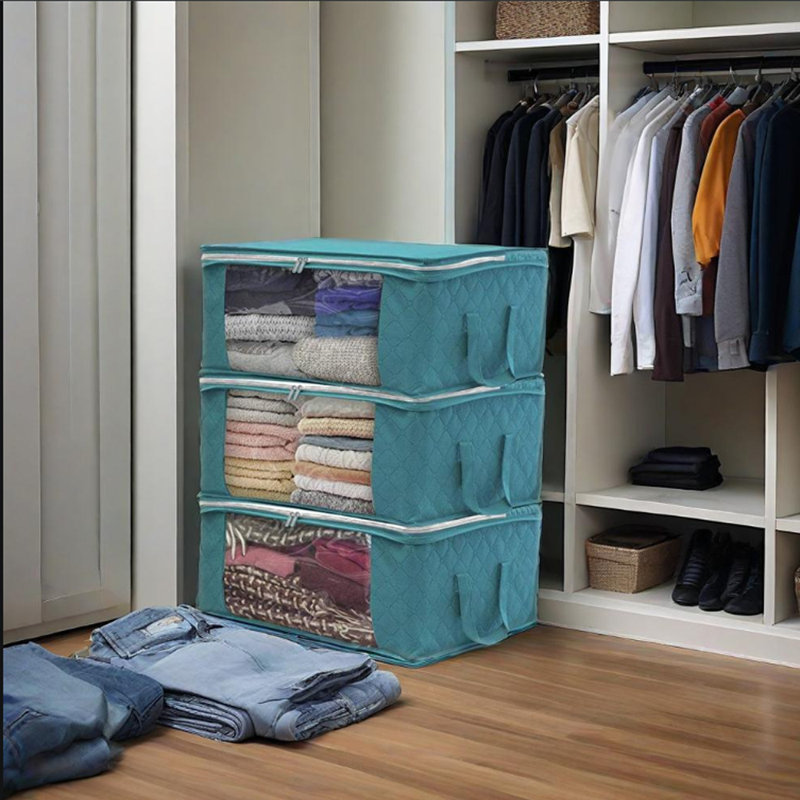 3 pièces Boîte de rangement pliante non tissée Sac de rangement pour courtepointe Boîte de rangement pour vêtements, Bleu