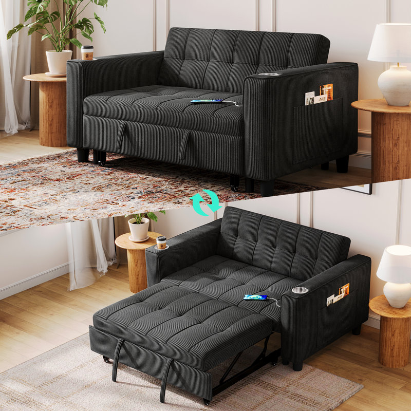 Clayton Adjustable Backrest Multi-Functional Corduroy Sofa Bed With USB Charging, Elio Black Corduroy