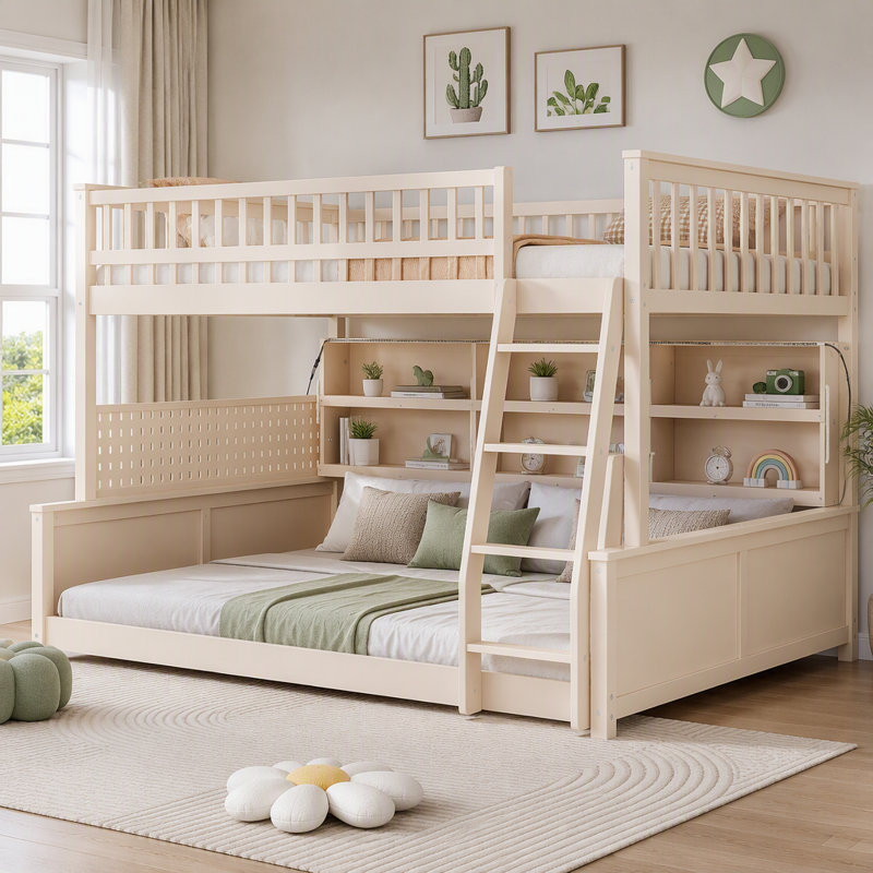 Lit double superposé au-dessus de grand lit double avec tablettes intégrées, lumières à changement de couleur et panneau perforé, beige