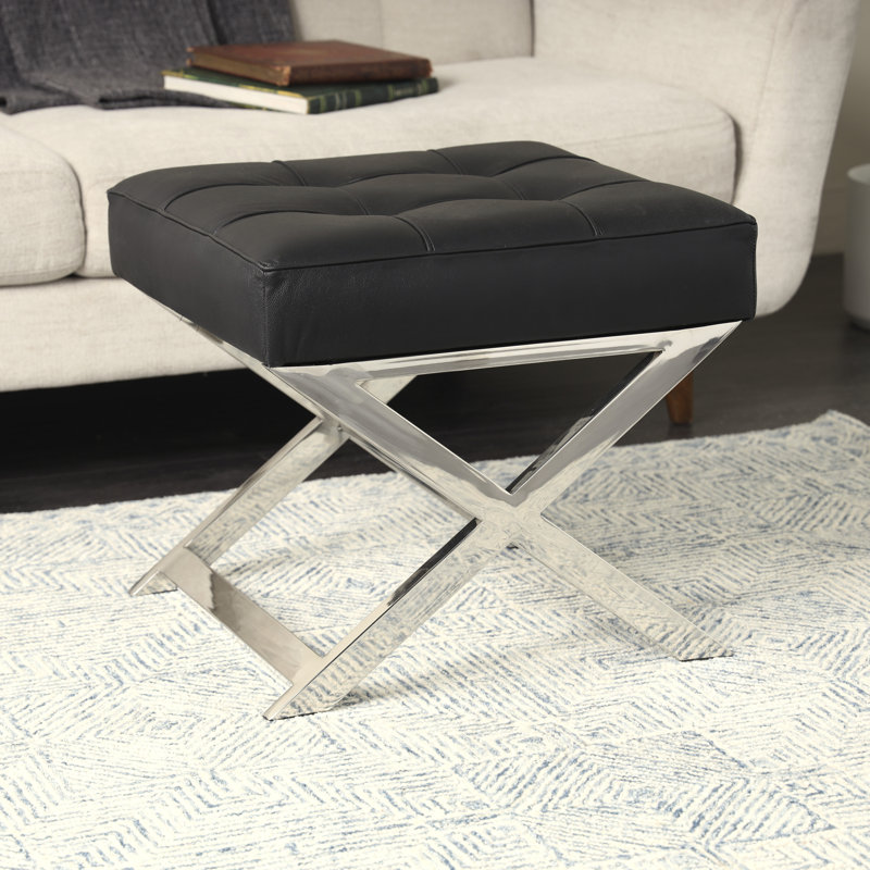 Villatoro Leather Stool With Stainless Steel Supports, Black
