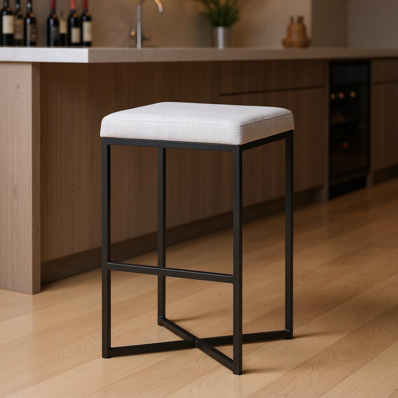 Chaise de bar 30 po en fer et en tissu sans dossier blanche et noire