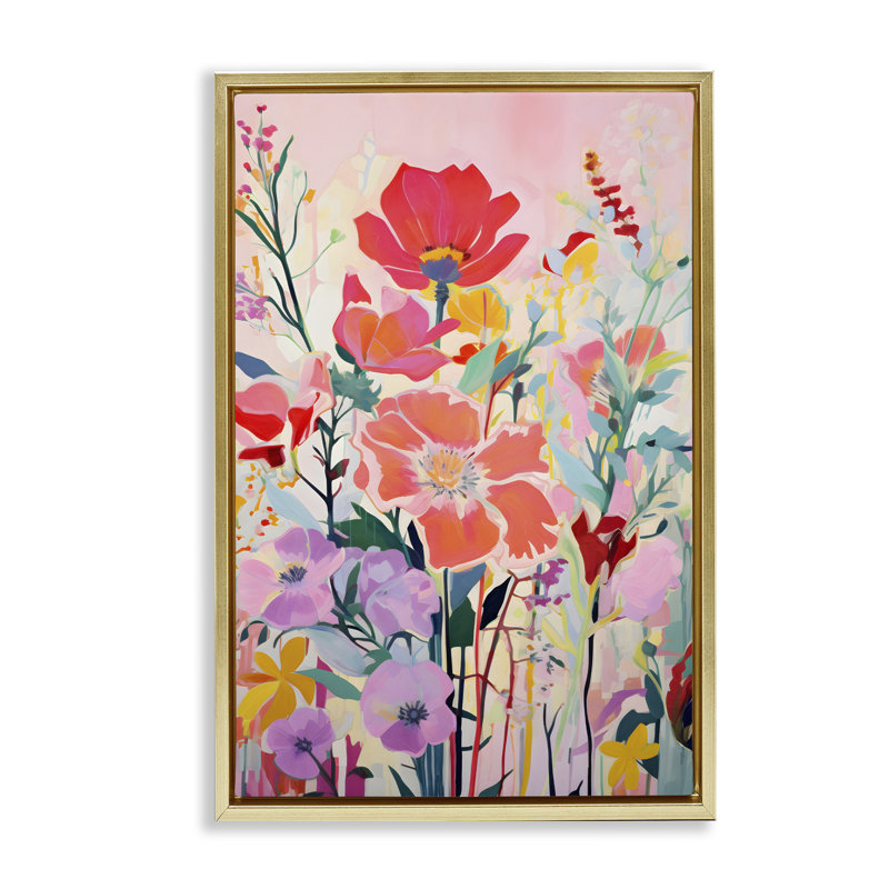  Fleurs abstraites sur toile flottante encadrée rose par LSR Design Studio, H 31 po x l 21 po, Cadre flottant métallique doré