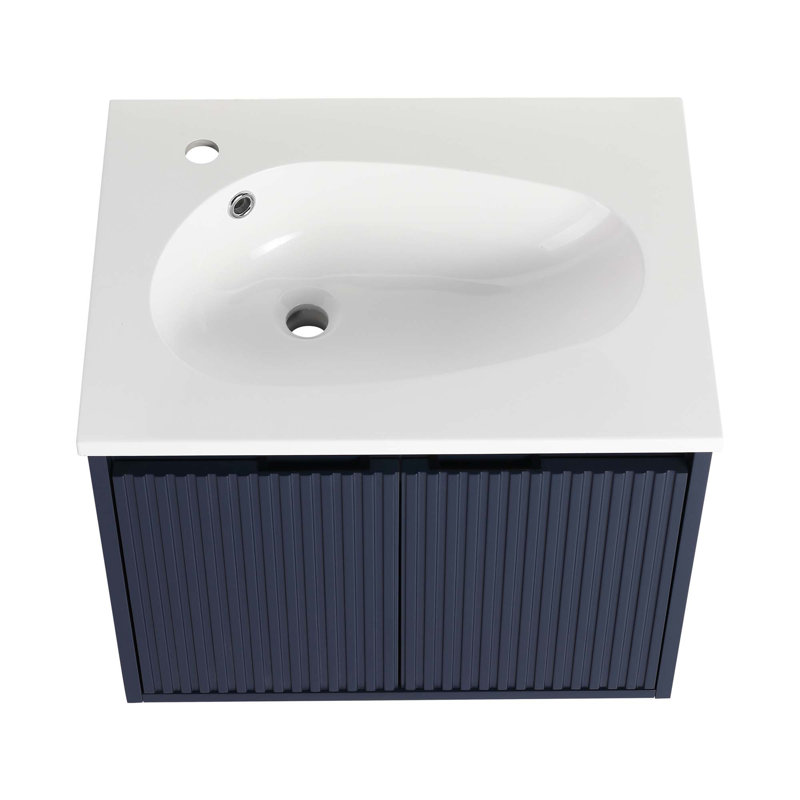 Meuble-lavabo flottant avec lavabo en résine en forme de goutte, Bleu