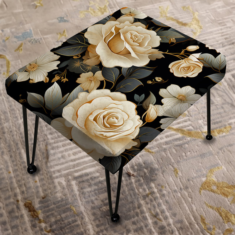 Timeless Beige Rose Elegant Bouquet - Floral Rectangle Ottoman