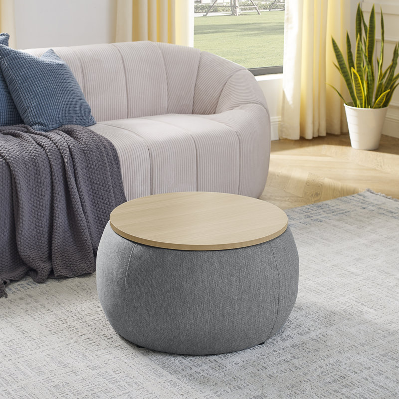 Repose-pieds rond avec rangement Dariyan, Tissu gris foncé