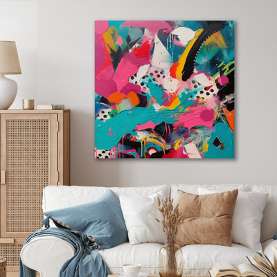 «Rose and Turquoise Abstract Enigma II», art mural abstrait grand