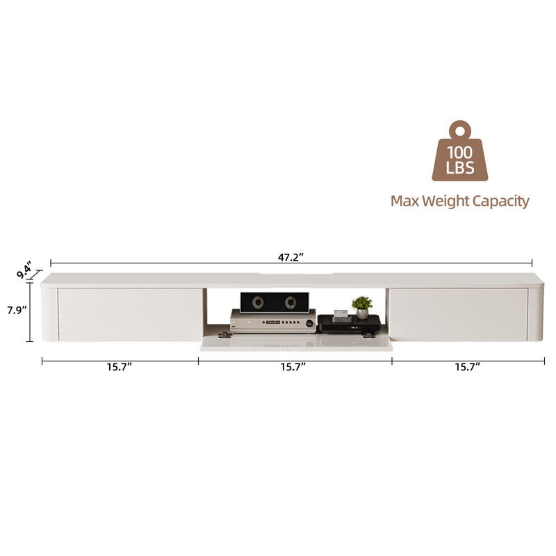 Meuble télé 47 po flottant mural, bois véritable blanc, H 7,9 po x L 47 po x l 9 po, Blanc