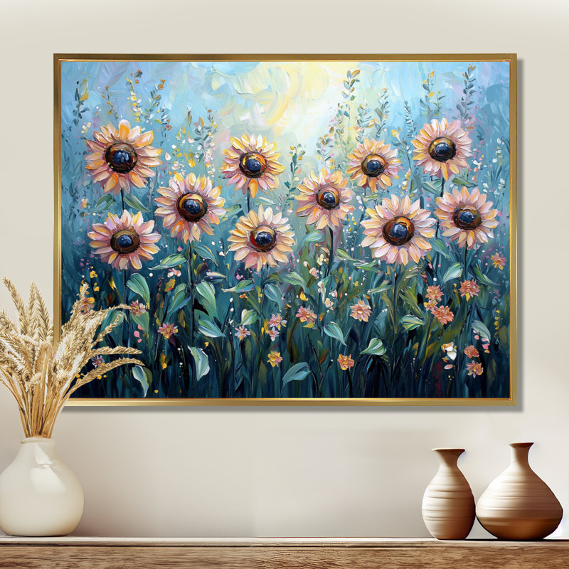 Dotha Spring Symphony of Blue Sunflowers I - Art mural de tournesols pour le salon, H 34 po x l 44 po, Doré