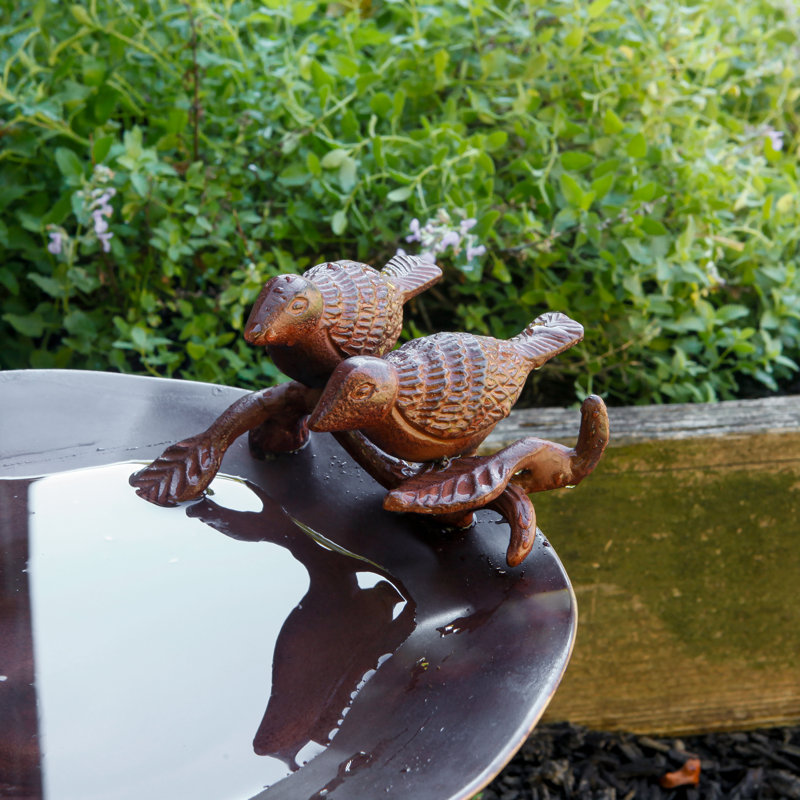 Antique Copper Birdbath with Sculpted Songbirds and Railing Bracket