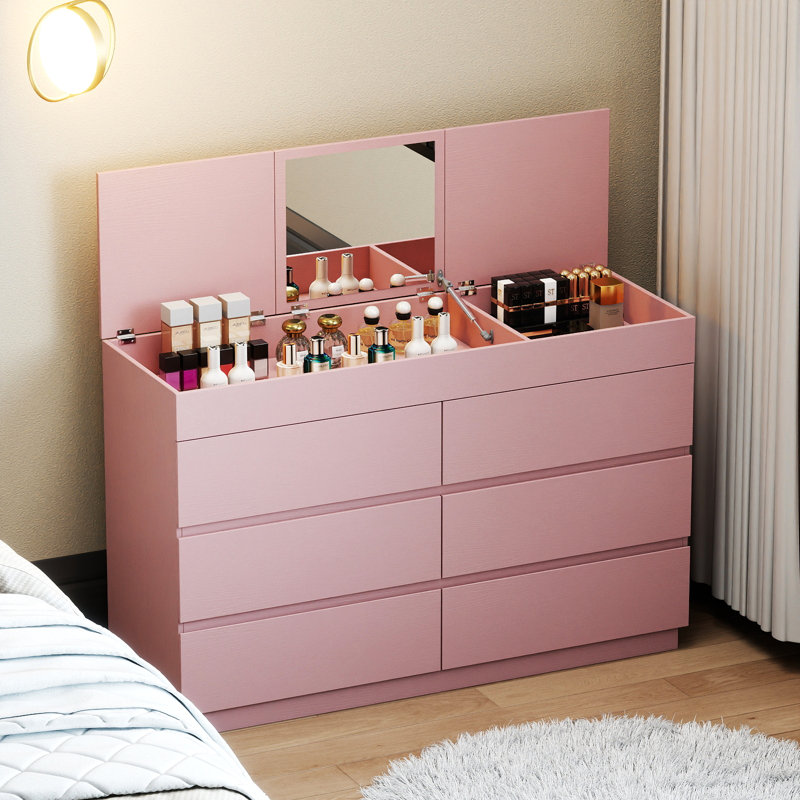 6-Drawer Dresser With Mirror P2 12MM Particleboard With Melamine 47.22"W, Pink