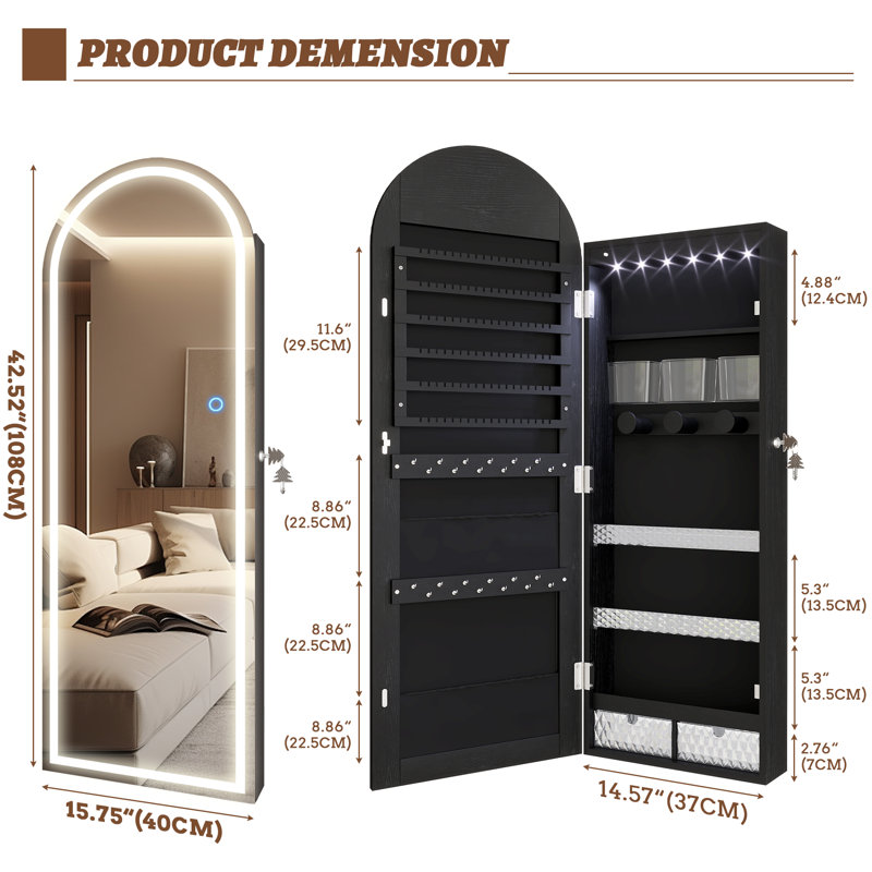 Armoire à bijoux l 15,7 po à DEL, armoire à bijoux à miroir murale / à fixation murale, Noir, noir, noir, noir