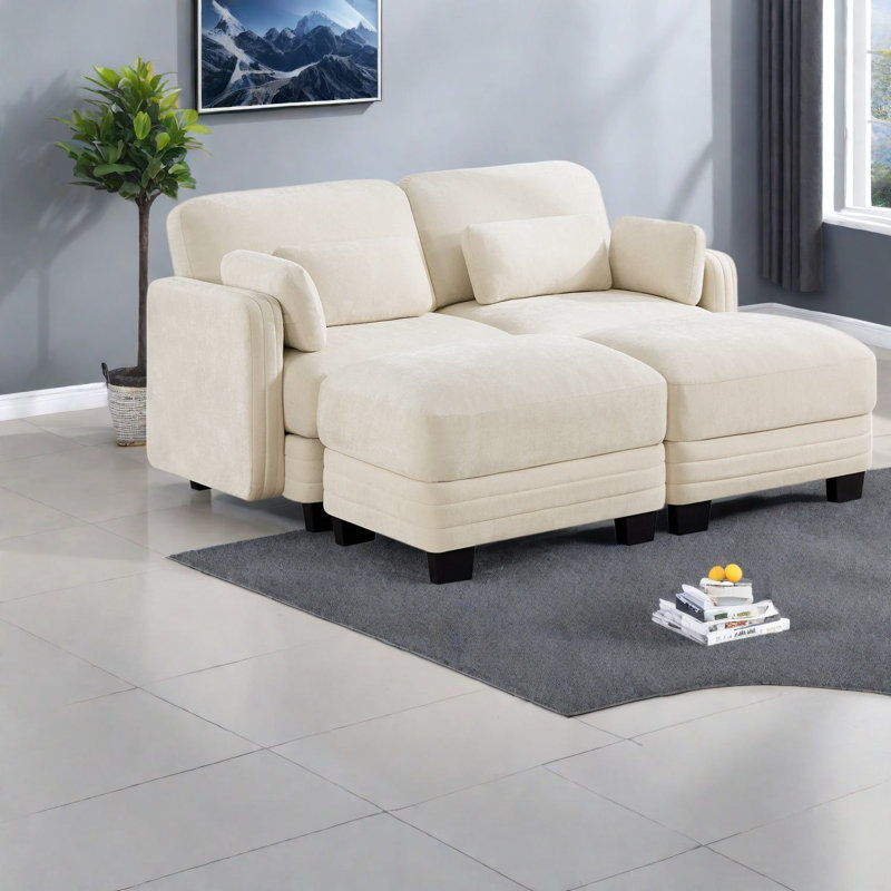 Canapé d'angle à compression, canapé modulaire en chenille beige, intérieur moderne avec 2 poufs