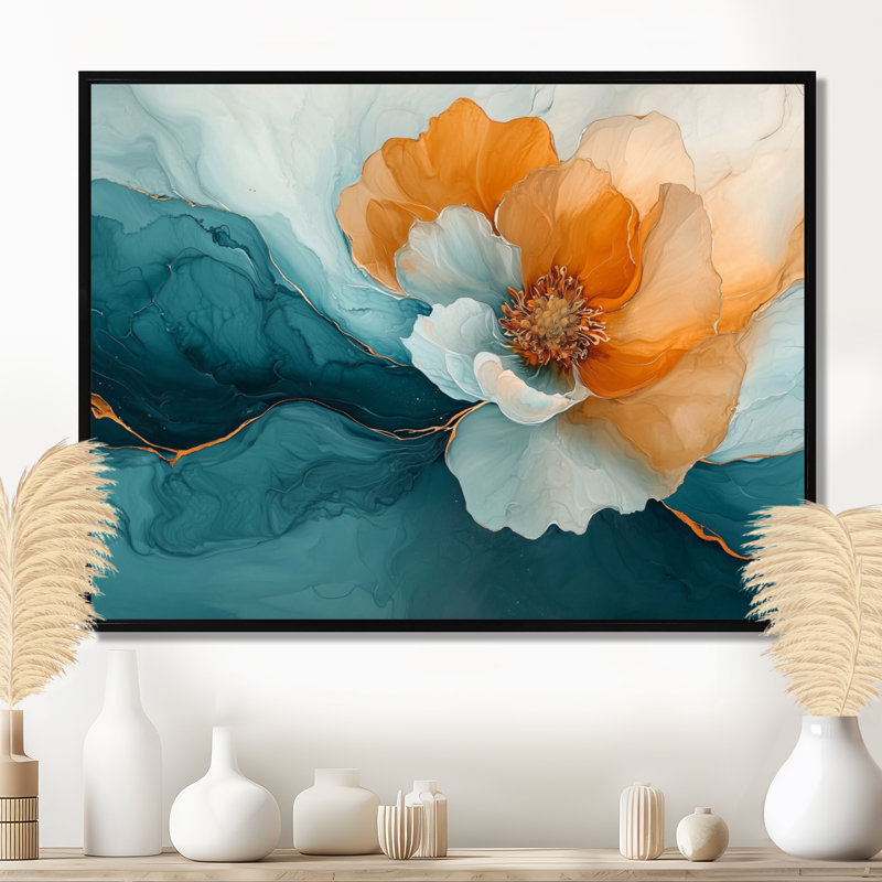 Abstrait, Renoncule doré et lueur turquoise III - Renoncule, art mural, H 30 po x l 40 po, Floater Framed, Noir