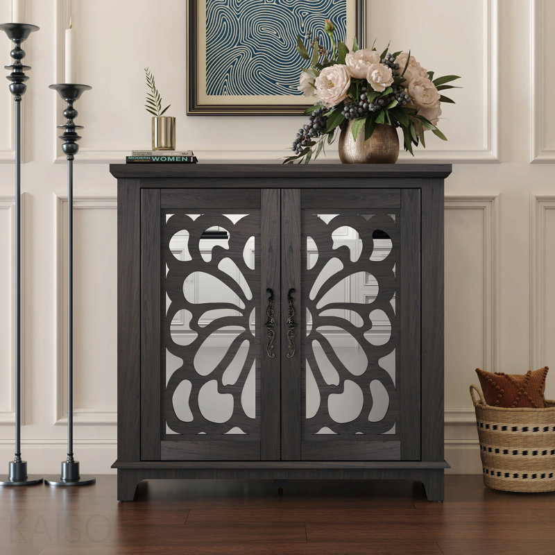 Buffet avec 2 portes en miroir en acrylique et décor creux sculpté pour la salle à manger - Naturel