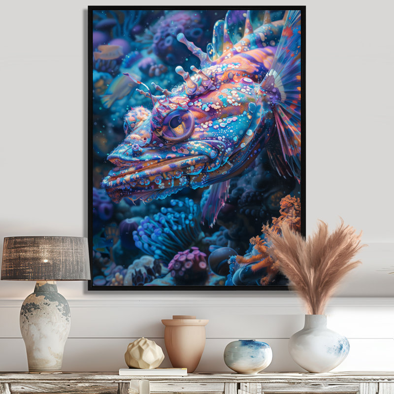 Blue Glowing Abyss Sea Creatures - Sea Creatures Wall Decor, Black Floater Framed, 32" H x 16" W x 1" D